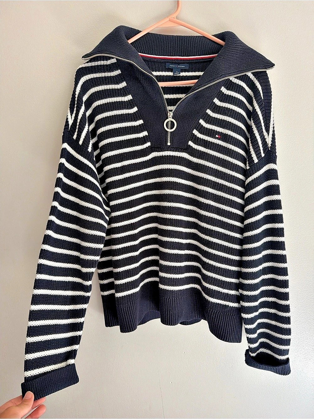 Tommy Hilfiger Striped Half-Zip Sweater in Black & White Size Medium
